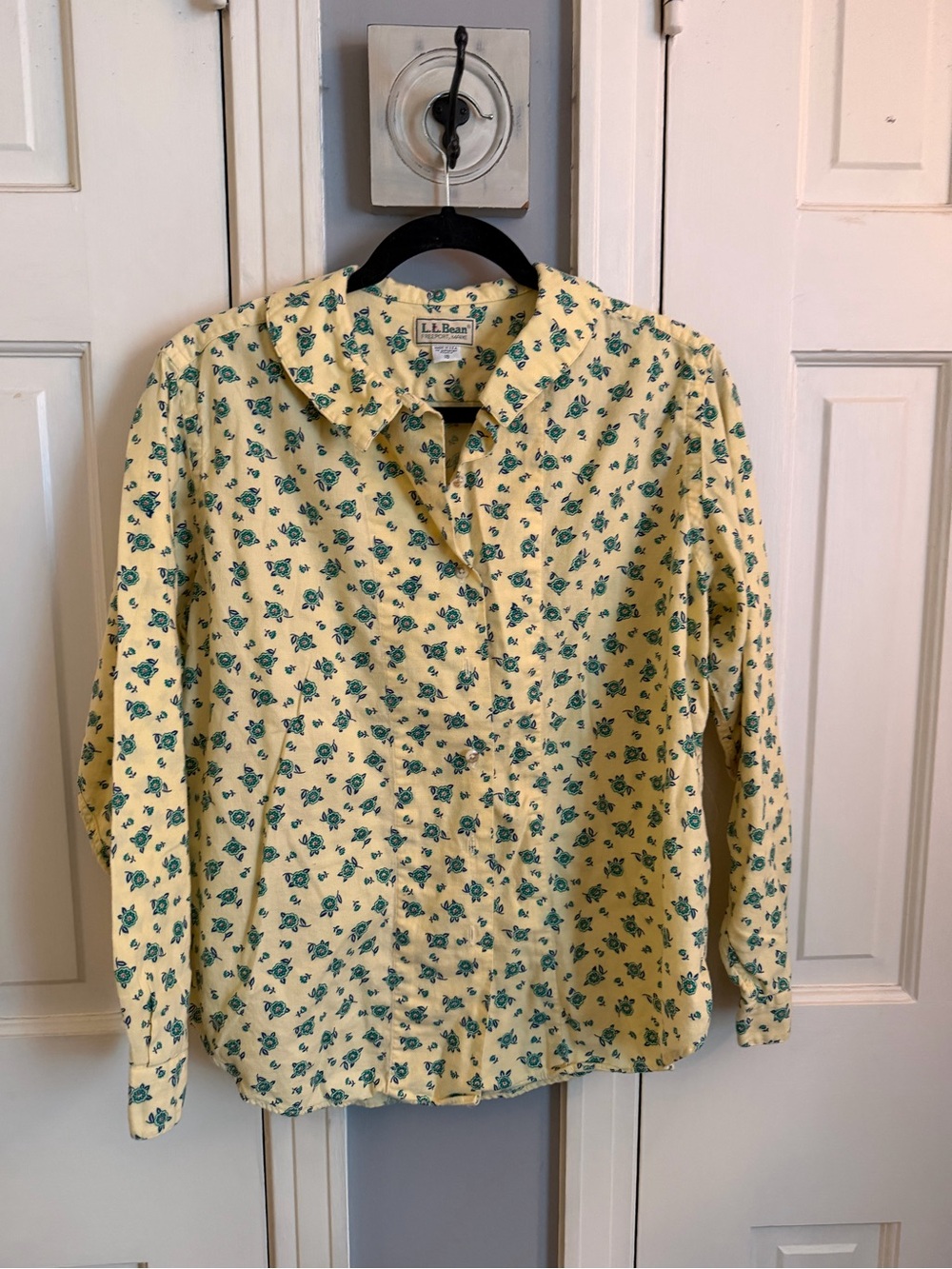 L.L. Bean Yellow Button-Down Shirt with Teal Floral Print